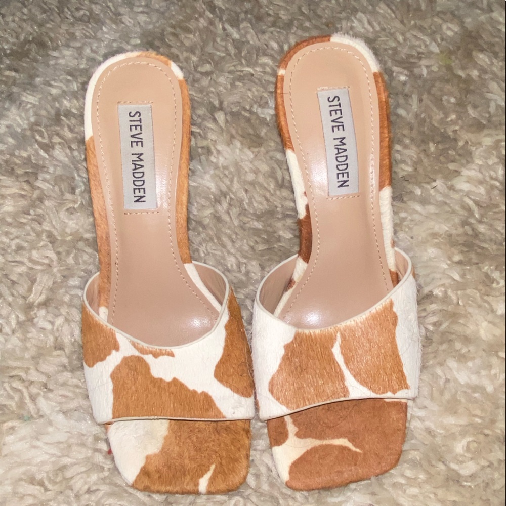 Steve Madden cow print mule heels